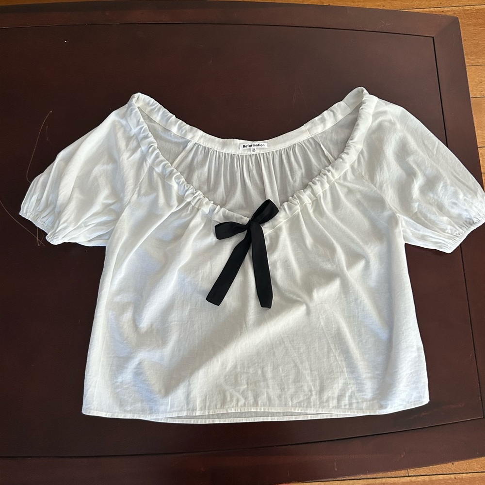 Reformation White Blouse with Black Bow